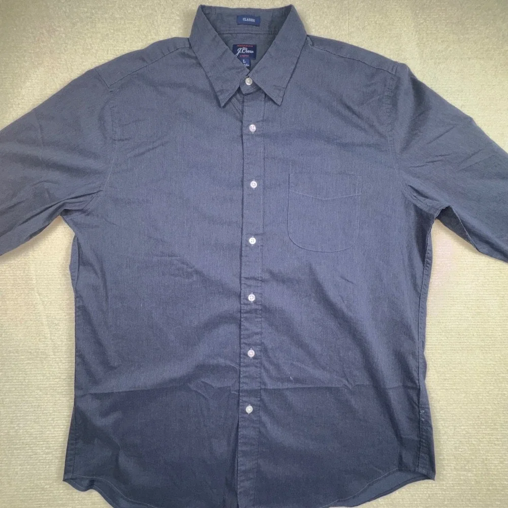 J.Crew Button Down Mens L Navy Blue Performance‎ Stretch Classic Fit Long Slv